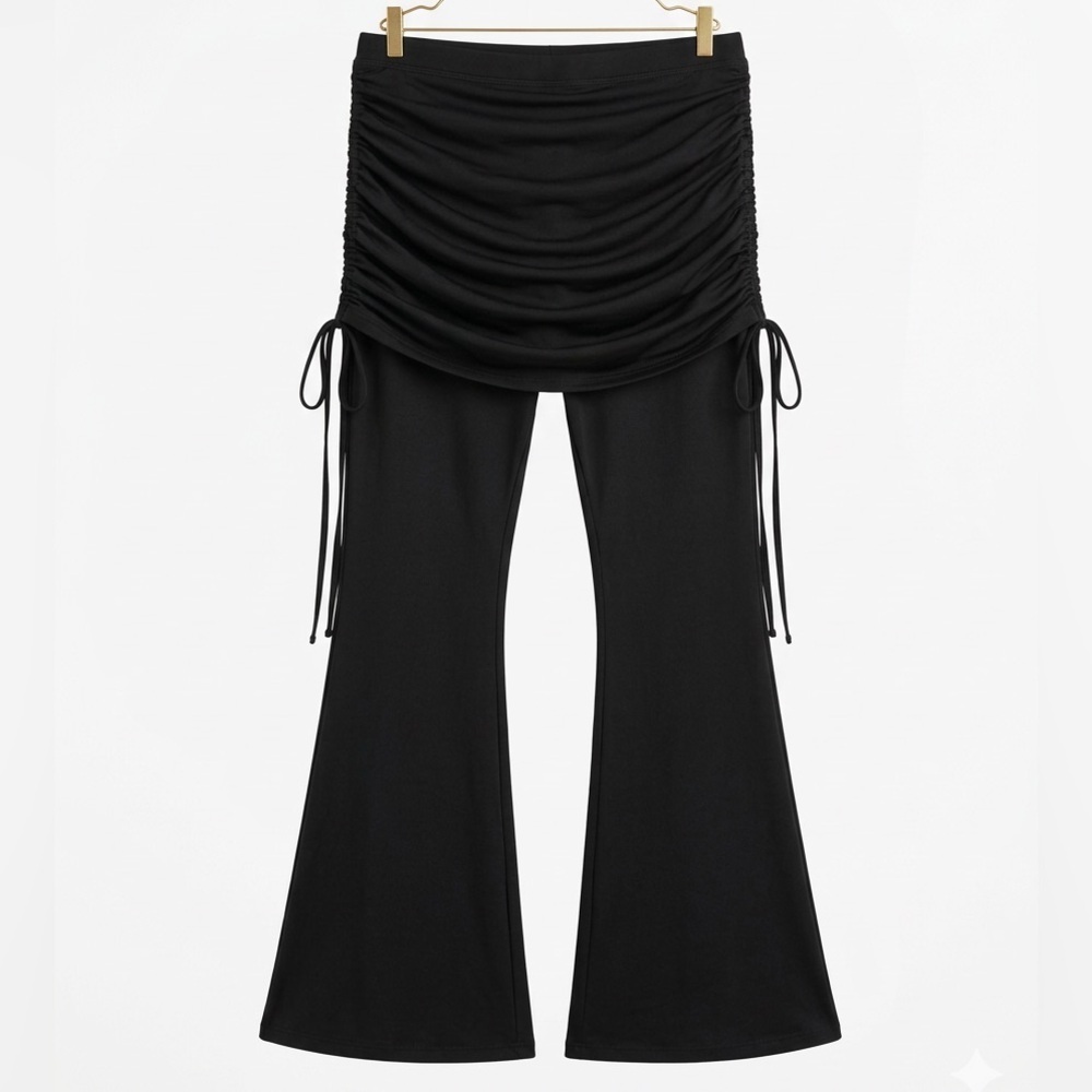 ROMWE Black Wide-Leg Pants with Ruched Skirt Overlay